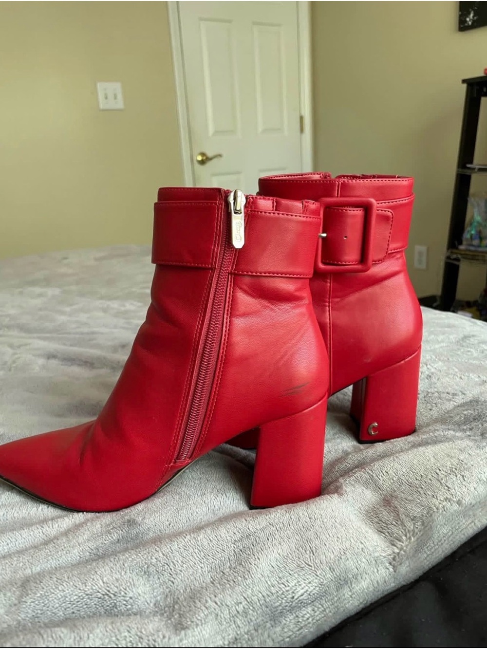 Red Women's Leather Ankle Boots with Block Heel